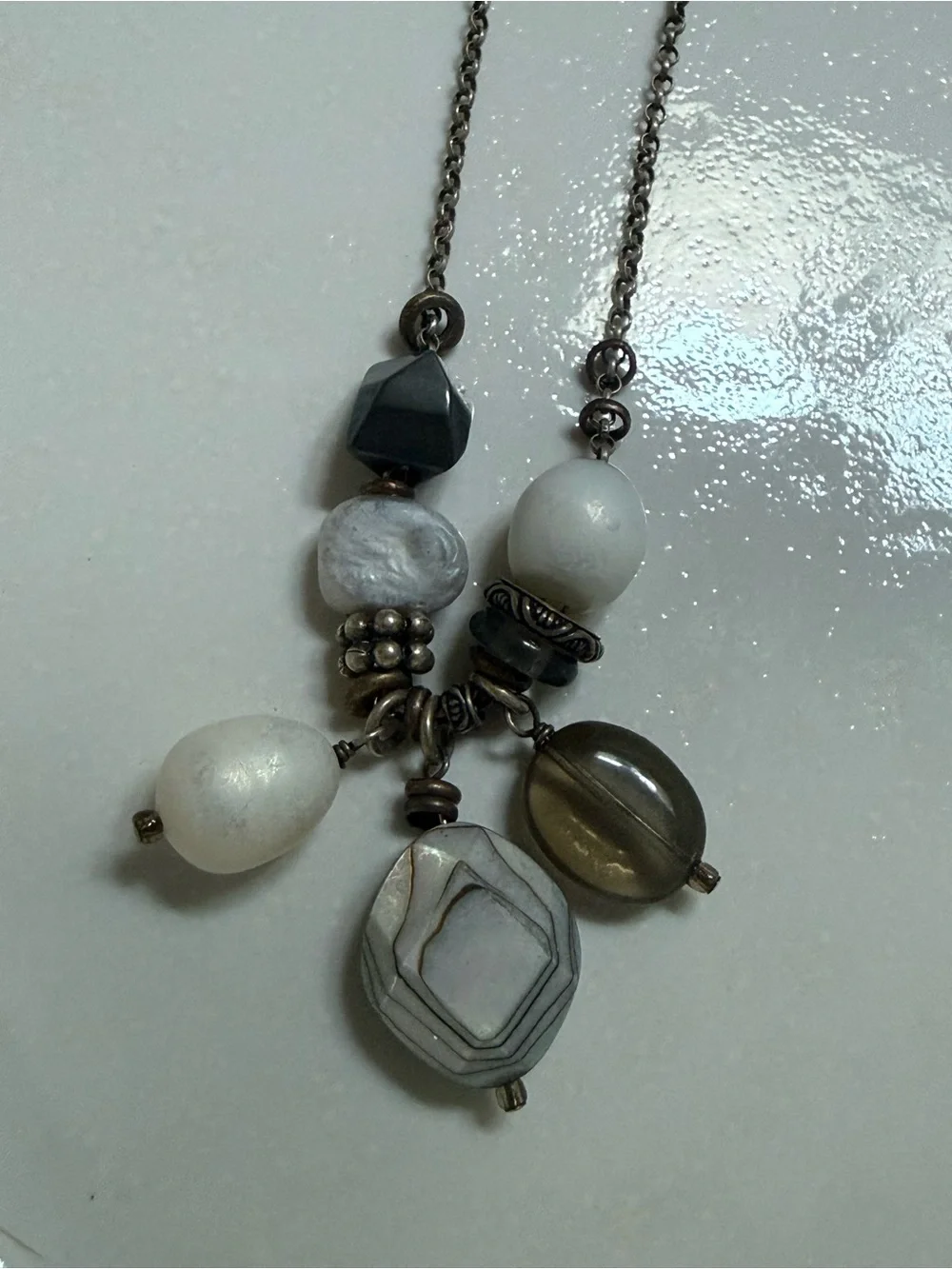 Silpada Silver-Tone Multi-Bead Pendant Necklace in White and Gray
